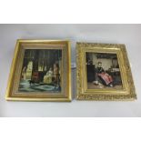 After Pieter de Hooch, coloured print, interior scene of figures, 27cm by 23cm, and another of a