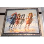 20th century school, horse racing scene in bright colours, acrylic, indistinctly signed, 51cm by