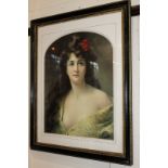 Victorian school, portrait of a lady with a red flower in her hair, colour print, 48.5cm by 38cm