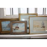 Kenneth Hammond (20th century), ship at sea, oil on board, signed, 15cm by 20cm, two watercolours of
