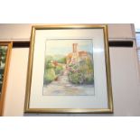 Michael Goss, view down a garden path, 'Gardens at Great Exeter', watercolour, inscribed, signed and