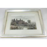 E W Haslehurst, view of a country house across a lake, with bridge, under grey skies, watercolour,