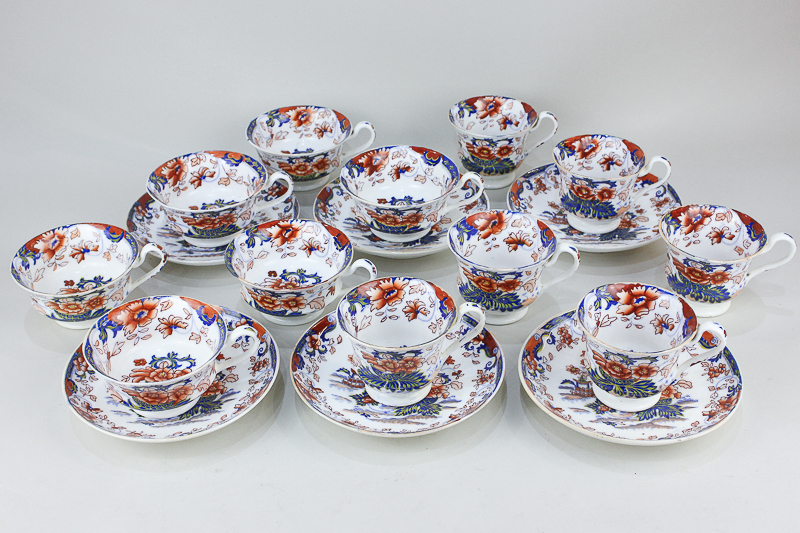 A Victorian Amherst porcelain tea set for six, Japan pattern No 824, in the Imari palette,