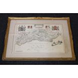 After Johan Blaeu, a reproduction 17th century coloured map of Sussex, printed by John Bartholomew &