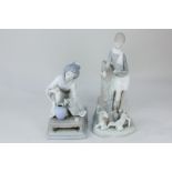 A Lladro porcelain figure of a boy reading, with sheep and lamb, 28cm high, together with a Lladro