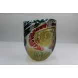 A Louise Hawkins for Loco Glass sand carved glass vase decorated with large coloured flowers, signed