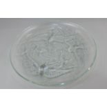 A Verlys clear glass dish depicting birds diving for fish, marked Verlys France, 26cm diameter