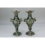 A pair of late 19th century Julius B Dressler majolica vases, the baluster form with scrolling