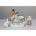 A Staffordshire pottery flatback figure group of a fox hunt, with horse and rider, hounds and fox (