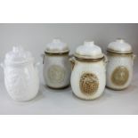 A set of three West German pottery rumtopf jars and covers, together with a white porcelain