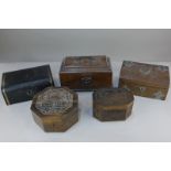 Three wooden trinket boxes, a tea caddy (a/f), and a jewellery box