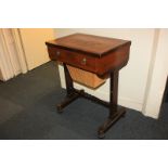 A Victorian style inlaid walnut sewing table with banded rectangular top with central floral
