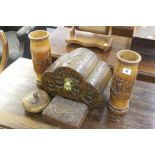 Treen: Camphor wood jewellery box, bamboo brush pots x 2, powder pot and an Asian trinket box. (5).