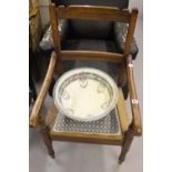 Late 19th cent. Oak commode, ceramic pot, hinged upholstered seats, open chair plus a ceramic