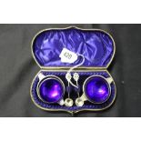 Hallmarked Silver: Condiment set of 2 salts with blue glass liners and spoons, Birmingham, maker H &