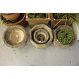 20th cent. Reconstituted stone octagonal planters x 2, round planters x 2 and a bird bath.