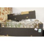 20th cent. Glassware: Large quantity of wine, sherry, whisky glasses, Dartington decanter - boxed,