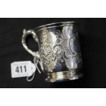 Hallmarked Silver: Christening cup ornately embossed body and handle London 1854 Joseph and Albert