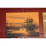 John Bampfield oil on canvas "Sailing Ships at Anchor" signed lower left, unframed 40ins x 30ins.