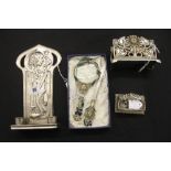 20th cent. Desk furniture Art Nouveau style: Candle holder, white metal pieced work stamp box and