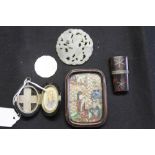19th cent. Objects of Virtue: Needle case tortoise shell with white metal decoration 2ins, jet and