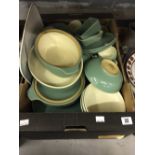 20th cent. Ceramics: Denby green stoneware dinner and tea ware. Tea cup & saucer x 10, soup bowl x
