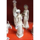 20th cent. Ceramics: Lladro girl with basket a/f. Casades lady with a parasol and an unmarked girl
