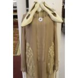 Fashion: 1920s Flapper style wedding dress, coffee colour chiffon, long sleeves with wrist tie,