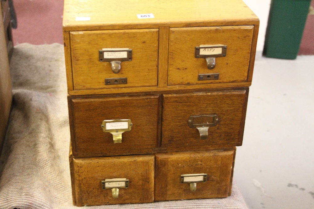 20th cent. Oak card index files, 3 x 2 drawers.