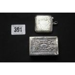 Hallmarked Silver: Match box cover and a vesta with hinged cover 2oz (approx).