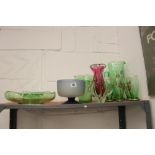 20th cent. Glassware Art Deco style, green flower bowl, part water set jug and 5 glasses, pink retro