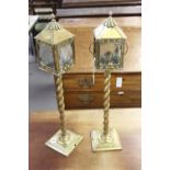 Late 19th cent. Brass barley twist Gothic style lanterns on square bases - a pair. Approx. 26ins.