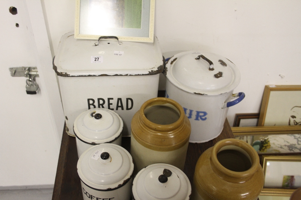 Kitchenalia: Enamel bread bin, flour bin blue labeling rice, coffee and tea canisters black labeling