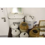 Kitchenalia: Enamel bread bin, flour bin blue labeling rice, coffee and tea canisters black labeling