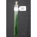 White Metal, marked silver, maker W B T possibly Scottish, letter opener green jade blade