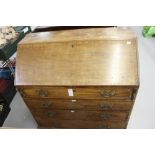 19th cent. Mahogany 4 cock beaded drawer bureau, fitted interior on bracket supports.