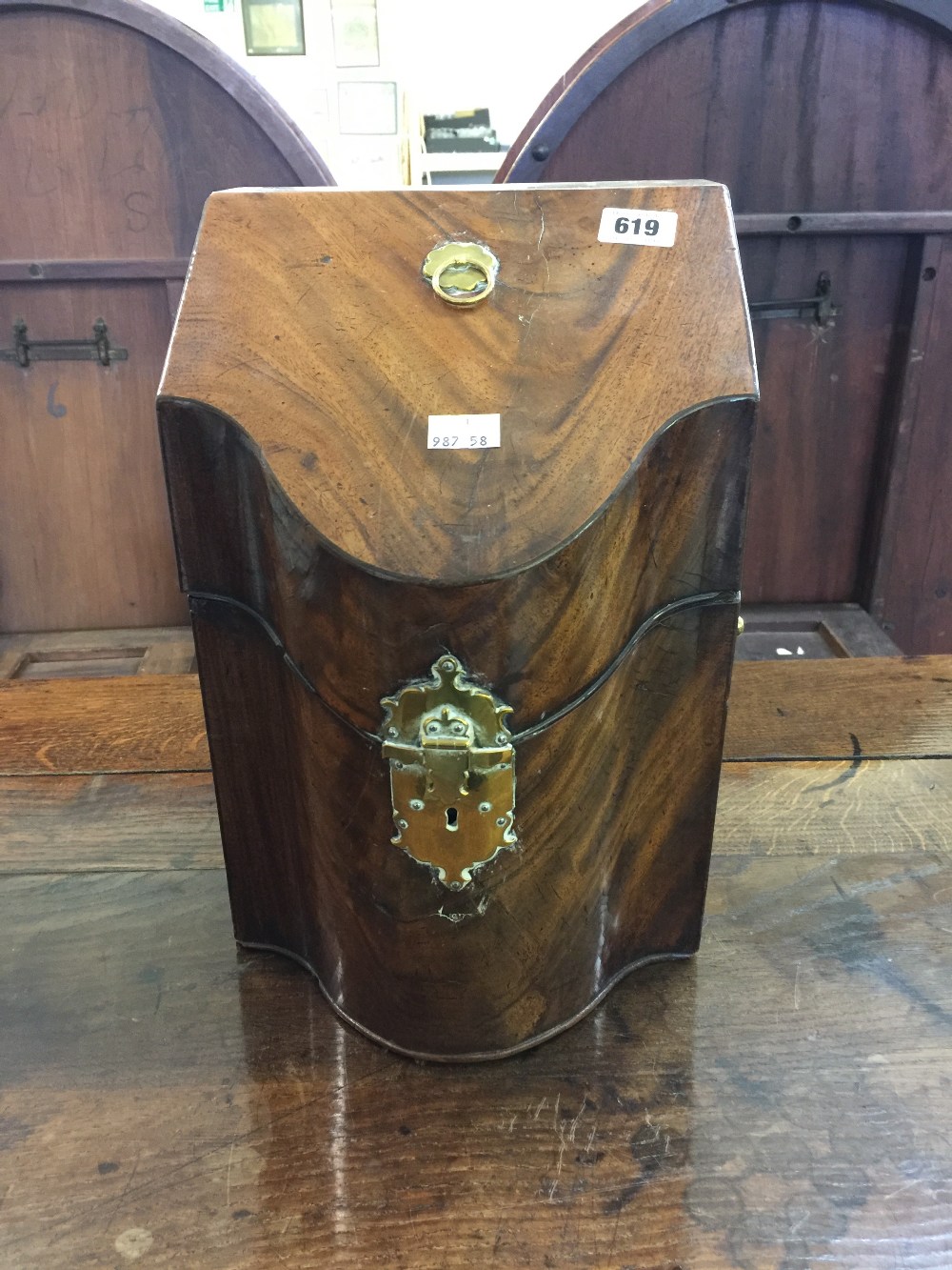 19th cent. Mahogany knife box brass furniture, plush lined lid.