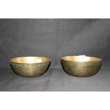 Oriental bronze decorative bowls, a pair. 6ins dia.