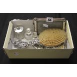 Hallmarked Silver: Dressing table set, hairbrush and mirror, silver photo frame, cotton wool jar