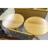 20th cent. Hardwood circular tables - a pair. 21ins. diameter x 27ins. high. Plus a fire screen with