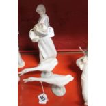 20th cent. Ceramics: Lladro girl with cockerel and basket, 4591 plus 2 geese. (3)