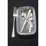 Hallmarked Silver: Spoons, 5 set, 2 set, salt spoon, a dinner fork, dessert knife with silver blade,