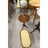 Early 20th cent. Mahogany cake stand, wine table & a foot stool.