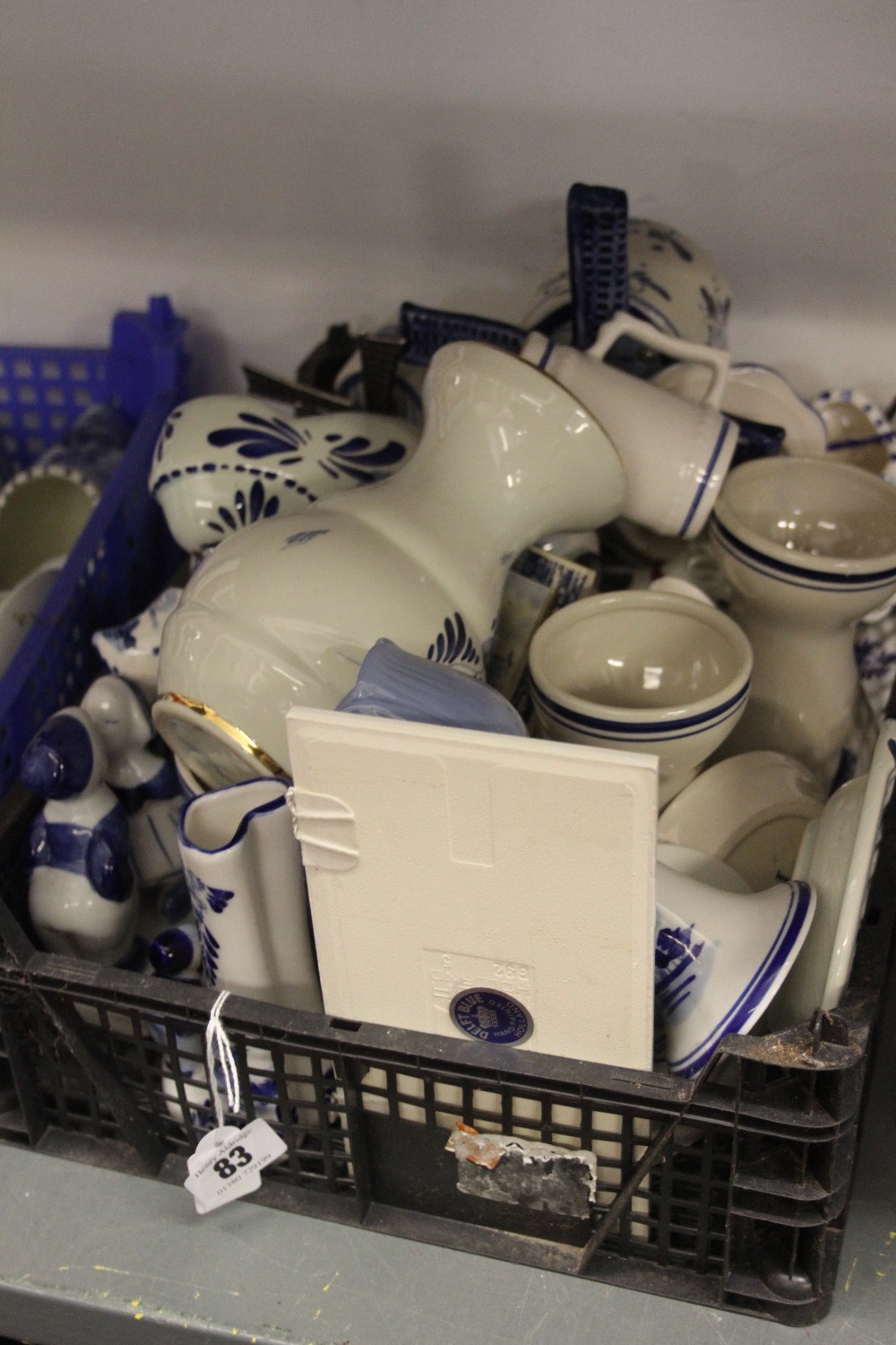20th cent. Ceramics: Delft, blue and white, 2 musical windmills, cat and cow jugs, small tiles,