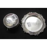 Hallmarked Silver: Trinket pot with hinged cover Birmingham on 3 cabriole supports and a silver dish