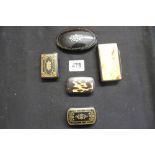 19th cent. Snuff Boxes: Papier mache box, gilt decoration x 2, square box with gilt scroll