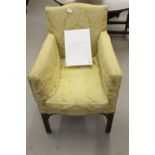 18th cent. Mahogany Chinese Chippendale inspired armchair, upholstered in an embossed gold damask