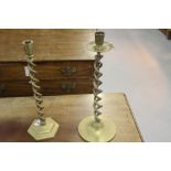 Late 19th cent. Brass double helix candlestick with wide base 20ins. plus another smaller example