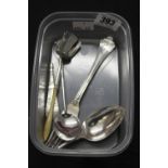 Hallmarked Silver: Sugar shovel with bone handle, spoon, fork etc 3oz (approx).
