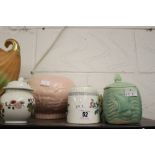 20th cent. Ceramics: Radford 2 x hand decorated floral preserve pots, Shorter green art deco